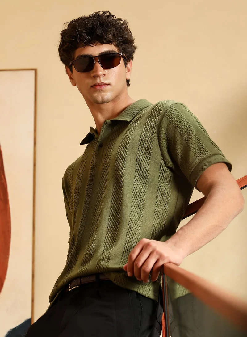 Campus Sutra Men's Seaweed Green Bi-Panel Polo T-Shirt